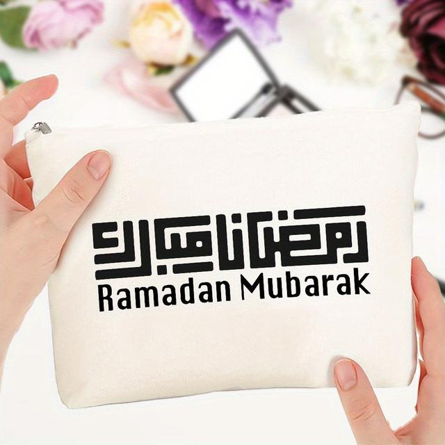 TEMU Mubarak Canvas Makeup Bag, Eid Travel Toiletry Organizer For Women, Convenient Cosmetic Pouch With Print For Gifts And Travel