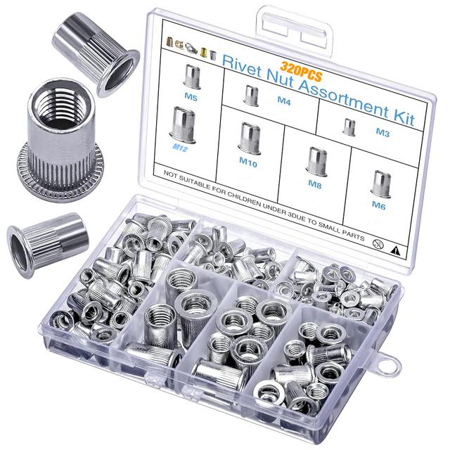 TEMU 320pcs Embedded Rivet Nut, Rivet Nut Combination Kit, Metric Aluminum Fasteners M3-m12, For Automotive, Marine, Home Decoration And Industrial Products, Strong And Durable, Corrosion Resistant,