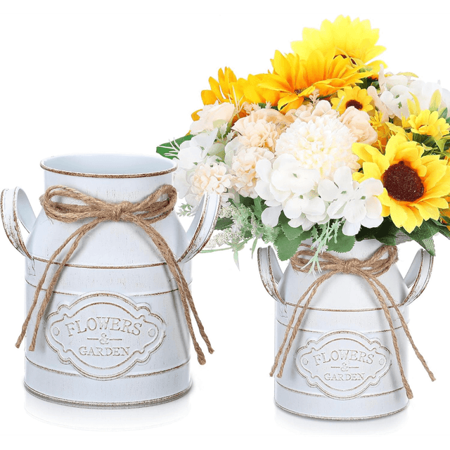 TEMU Set mit 2 Vintage weißen dekorativen Vasen aus Metall, in Form von Milchkannen, perfekt für Blumentöpfe im Landhausstil, ideal für Thanksgiving-Hochzeitsdeko oder Muttertagsgeschenke