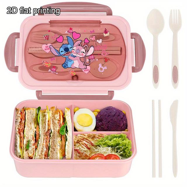 TEMU 1pc Stitch & Bento Lunch Box Set With Cutlery - Stackable, Reusable Pp Material, School, Work, And Outdoor Dining, Includes Heart-shaped Design With Cartoon Characters, Bento Box Set