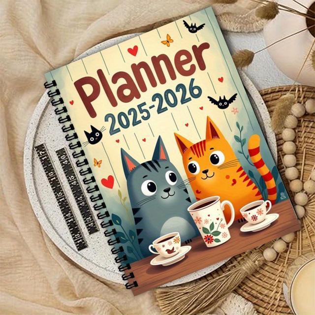 TEMU 1pc, 2025-2026 Planner | A5 Spiral Binding Notebook - Monthly/weekly Planner With Cute Cartoon Cats Design, .suitable For Teachers, Students, Work, Study, Office Supplies