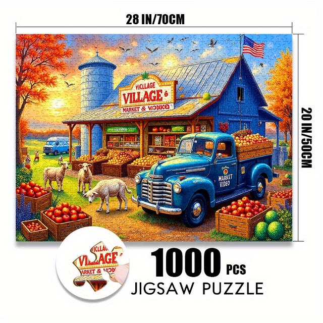 TEMU 500/1000pcs Paper Puzzle: Rural Harvest Scene, Blue Cart With Fresh Fruits And Cute Sheep - Large Jigsaw Toy For Adults, Interactive Family Game, Diy Brain-challenging Holiday Gift Decoration