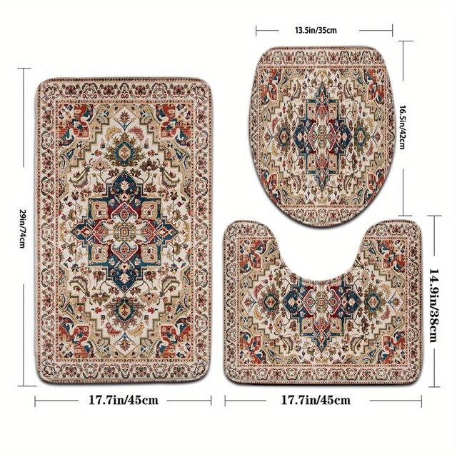 TEMU 3pcs Vintage Ethnic Style Off-white Patterned Diamond Design Bathroom Mat Set With Toilet Seat Cover And U-shaped Foot Mat
