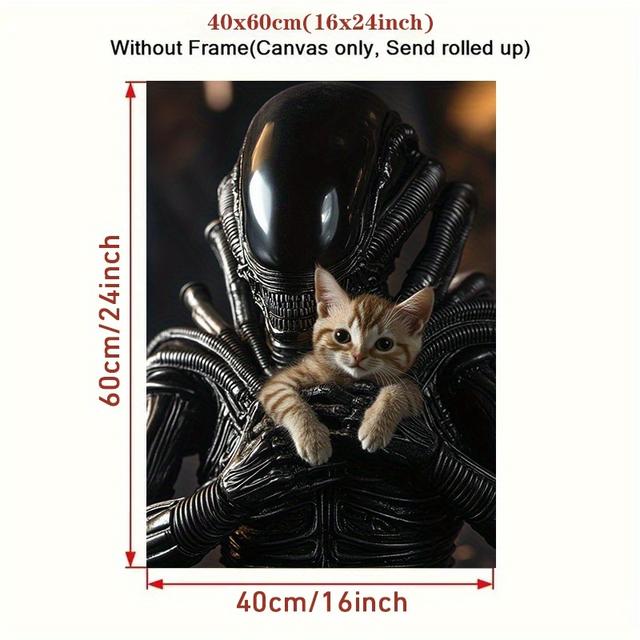 TEMU 1pc Frameless Canvas Poster - Cat Sitting On The Shoulder Of An In Armor, Ideal For Bedroom, Office, Living Room, Cafe, Bar, Decor Gift, Dorm Room Art | And Cat Theme | Highquality Print, Space