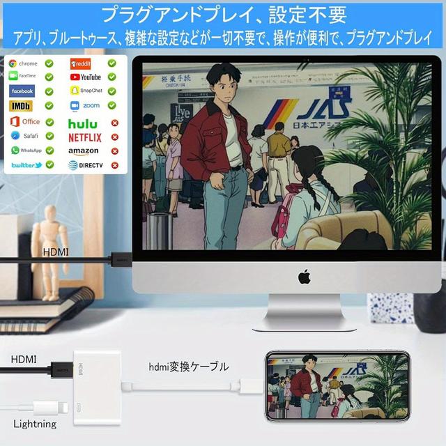 TEMU 2025年モデル ライトニングからHDTVアダプター、for iPhone TVターケーブル用2-in-1、1080Pオ同期出力、設定不要、アプリ不要、電源不要、大画面対応