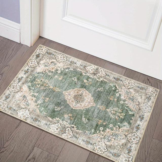 TEMU Vintage Green Floral Doormat - Non-slip, Machine Washable, Soft Low-pile With Rubber Backing For Entryway, Kitchen, Bathroom, Bedroom - 16x24 Inches, , Bathroom Decor