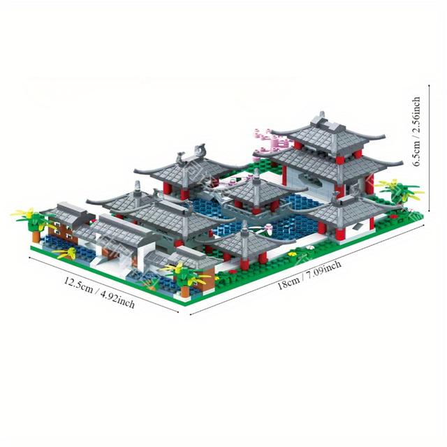 TEMU Ne-elektrický dárek od výrobce ve stylu Suzhou zahrady, vánoční tři v jednom mikročásticové stavebnice, čínská starověká architektura, vintage dárek k narozeninám, nový model