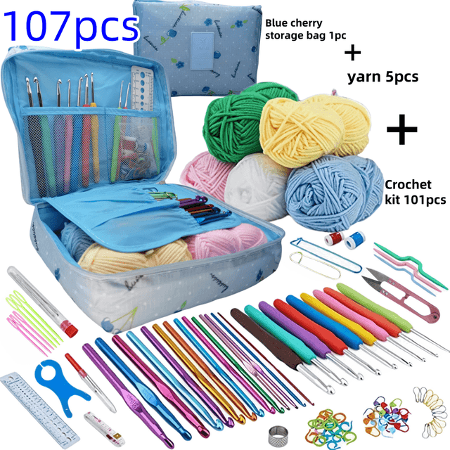 TEMU Kit de crochê DIY 107 peças Azul kit de crochê azul 1 fio 5 acessórios de crochê 101 presentes para as festas