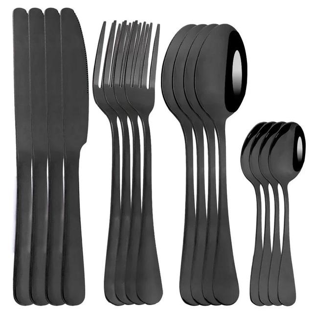 TEMU 16pcs Black Stainless Steel Flatware Set, Classic Cutlery For Home, Restaurant, Cafe, Wedding, Business, Banquet, Mirror Polished Knife, Fork, Spoon Kit For 4