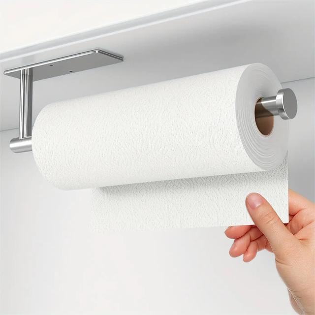 TEMU 1pc Stainless Steel Paper Towel Holder Wall-mounted, Under-cabinet Paper Towel Holder, Self-adhesive Or Drilled Under-counter Kitchen Paper Towel Holder