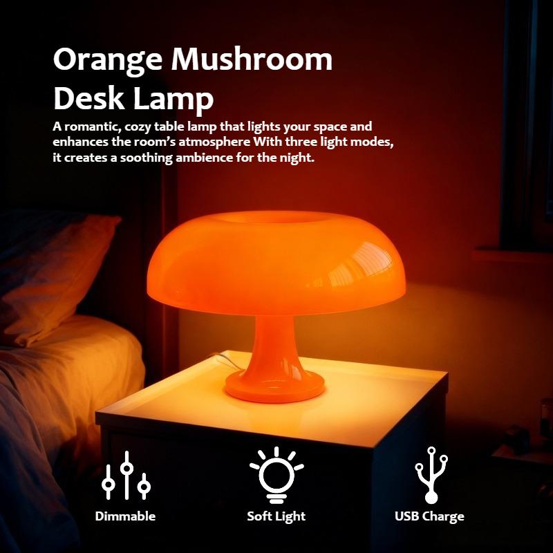 TEMU Orange Mushroom Table Lamp, Usb Powered 3-level Dimmable Soft Light, Decorative Desk & Bedside Lamp For Bedroom, Nightstand, Reading, Office Work And Lighting