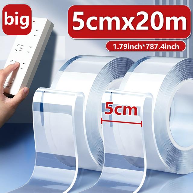 TEMU 5cm X 20m Large Double-sided Tape, Upgraded Washable & Reusable Transparent Adhesive, Natural Rubber, Waterproof, For Kitchen & Bathroom Use