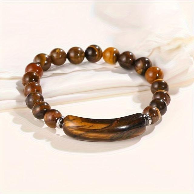 TEMU Natural Eye Stone Bead Elastic Bracelet Suitable For - Natural Stone Beads With Eye Gemstone, Unisex Bohemian Jewelry For Casual Attire, Valentine's Gift, Wearable For - (no Plating)