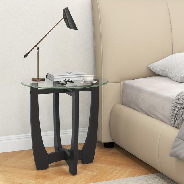 TEMU Safstar Modern Round Glass End Table - 23.5" Thick Tempered Glass Top, -shaped Rubber Wood Frame, Sleek , Living Room, Bedroom, Or Office, Coffee Table For Living Room