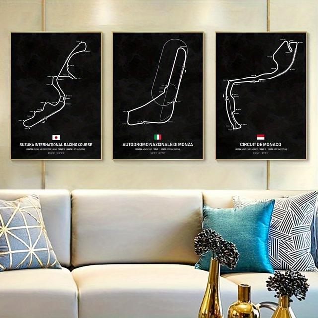 TEMU Set de 3 pósters planos 2D de circuitos de F1 en - abstracto vintage, impresiones inodoras, adecuados para la decoración de estar, dormitorios, oficinas - Regalo de de pared sin