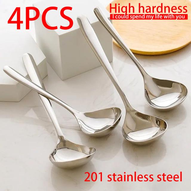 TEMU 4 Stainless Steel Soup Spoons, Large Head, Thickened Long Handle, Suitable For Kitchen, Soup Hot Pot Spoon, Restaurant, Food Truck Tableware, Happy Eid, , Happy Valentine's Day