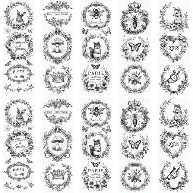 TEMU 10 Sheets Black Wreath Rub On Transfer Stickers - Waterproof Diy Craft Decals With Vintage Nature & Animal Designs, 10x30cm, Furniture, Gift Wrapping & Bouquet Decoration, Wreaths For Crafts