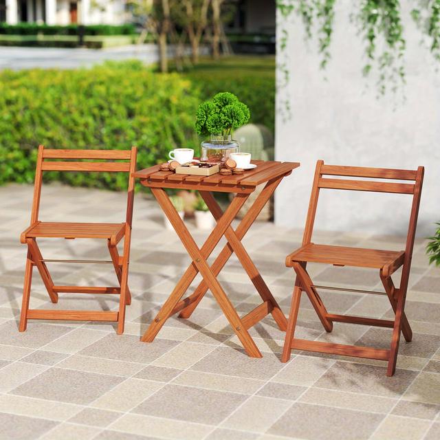 TEMU Lifezeal Outdoor Wood Bistro Set, 3 Piece Solid Wood Furniture Set W/ 2 Folding Chairs & Dining Table, Slatted Seat & Tabletop, Patio Dining Set For Backyard, Poolside