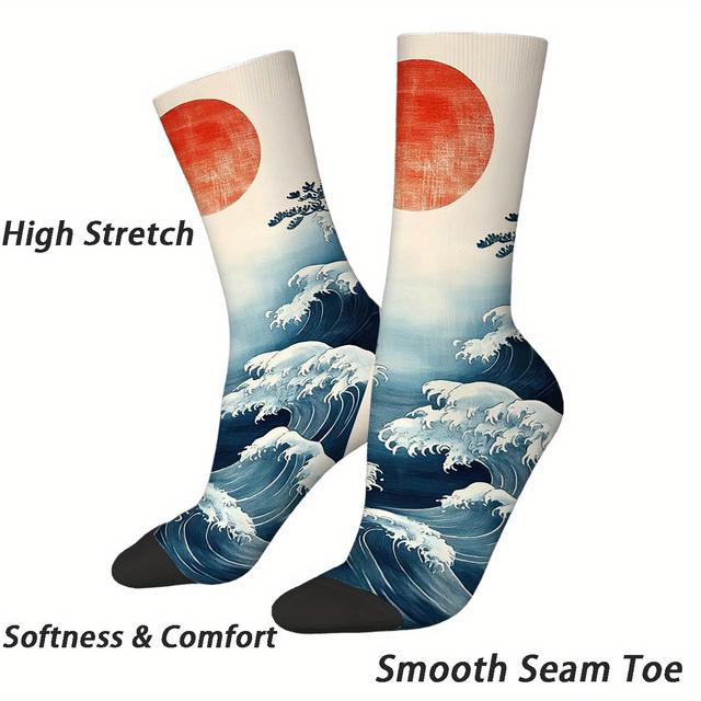 TEMU Meistverkaufene lustige japanische -e-Wellenmuster-Socken – Polyester-Strickstoff, Unisex-Design, für alle Jahreszeiten geeignet