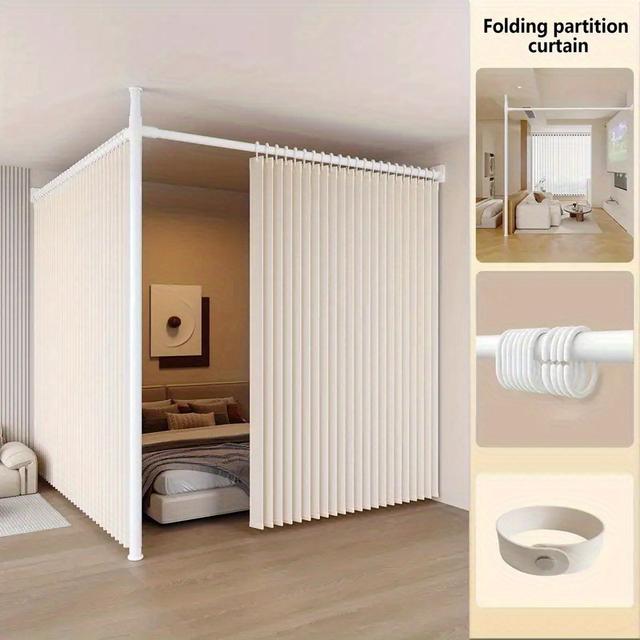 TEMU 1개 모던 접이식 파티션 커튼 - 플라스틱 후크 포함, 베이지 & 회색 줄무늬 디자인, 다양한 사이즈, 합성 섬유, 침실·복도·거실용, 고품질 분리막, 장식, 내구성 있는 원단