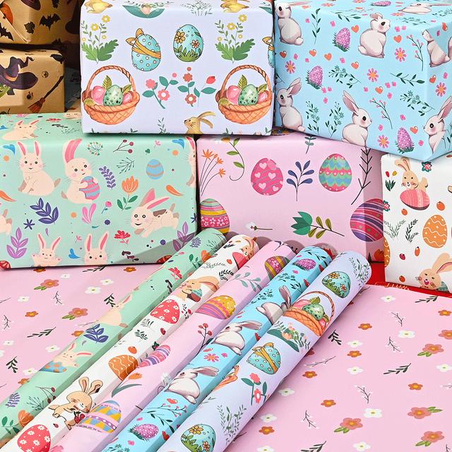TEMU Set di 5 rotoli di carta da regalo a tema , per regali festivi, con decorazioni di coniglietti e uova di