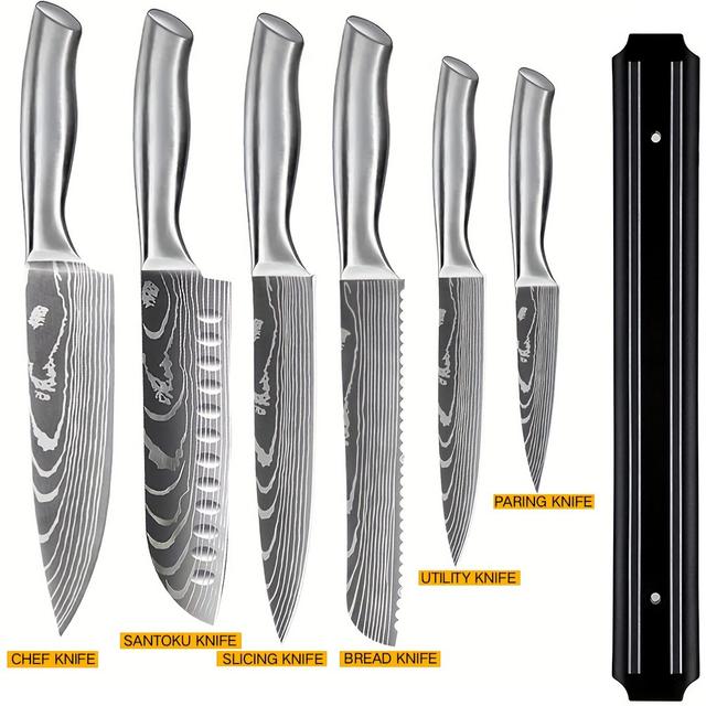 TEMU Set Of 7 Silver Knives For The Kitchen, Featuring Steel Chef Knives Along With A Magnetic Strip, Including A Chef Knife, Knife, Paring Knife, Slicing Knife, Bread Knife, And Utility Knife
