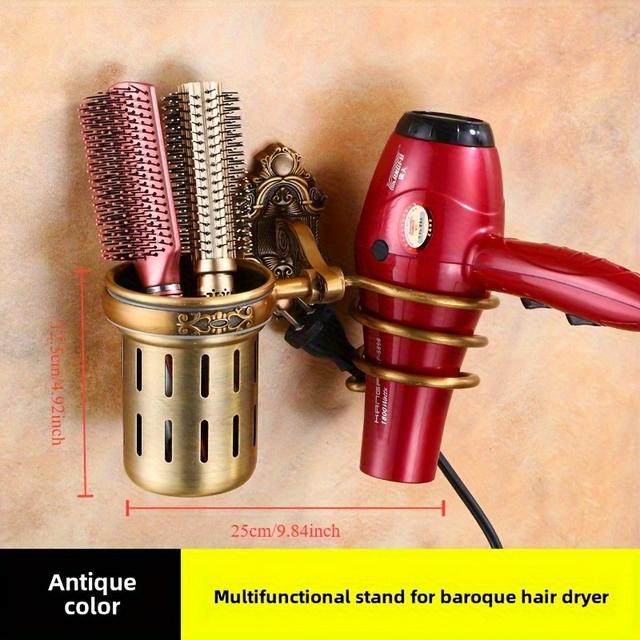 TEMU 1pc Wall-mounted Hair Dryer & Comb Rack, Ultra-convenient Aluminum Perforated Design, Multi-functional Bronze Drain Storage Rack For Bathroom, Hair Dryer, Comb, Toilet, Wall-mounted Bathroom Rack