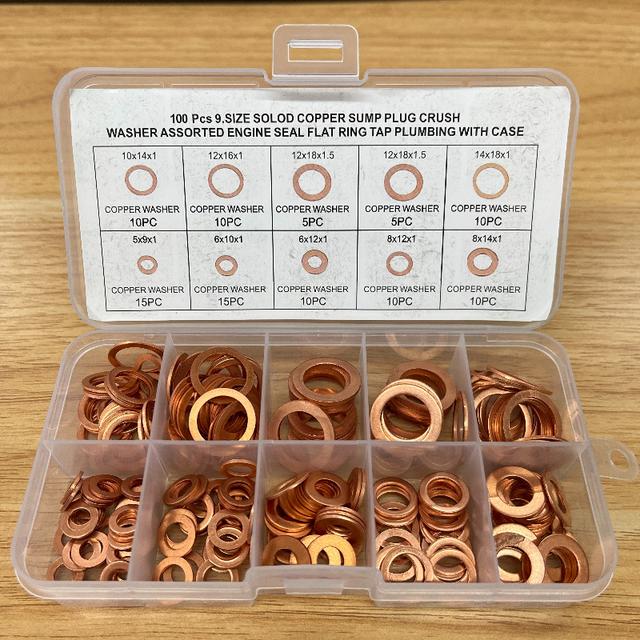 TEMU 100pcs Copper Washers Metric Sealing Assortment Set Flat Ring Sump Plug Crush Washer Oil Drain Plug Gasket Seal Assortment Flat Washers For Screws