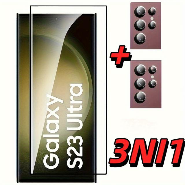 TEMU 3- Tempered Glass Screen Protector For Galaxy S23 Ultra, 1x Screen Guard + 2x Camera Lens Protectors, 9h Hardness, Anti-scratch, Bubble-free, Full Coverage, Fingerprint Unlock Feature