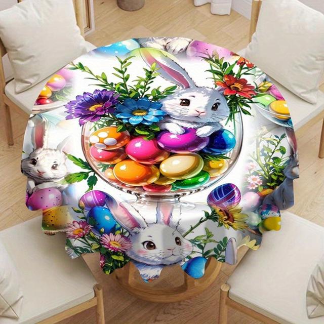 TEMU 1 Stück Lebendige Osterhasen- & Eier-Blumenmuster Tischdecke – Runde Polyester-Tischdecke, für Frühlingsessen & Camping-Deko, Wohnaccessoires, Osterdekoration