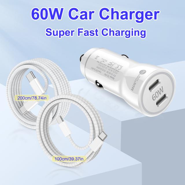 TEMU Usb-c Fast Car Charger, 60w Dual Usb-c Fast Charging Adapter+2pack Braided Type-c To Type-c Cable For Iphone 17/air/16 Pro/ Plus/15 Pro Max, Ipad Pro/air/mini/ Galaxy S25/s24, Pixel -white