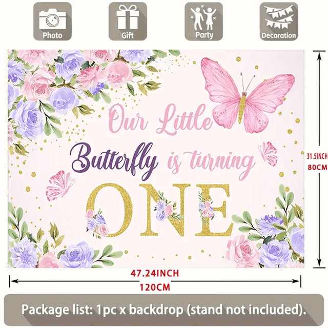 TEMU 1pc -themed "our Little Turns One" Birthday Backdrop - Elegant Floral & Glitter Design Polyester Photography Background Cloth, First Birthday Celebrations & Studio Props, Decorations