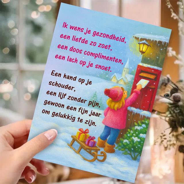 TEMU 1pc Dutch Greeting Card With Dutch Text - Snowy Scene With Red & Snowman, Warm Holiday Wishes For Health, Love, And Happiness - Perfect For Christmas