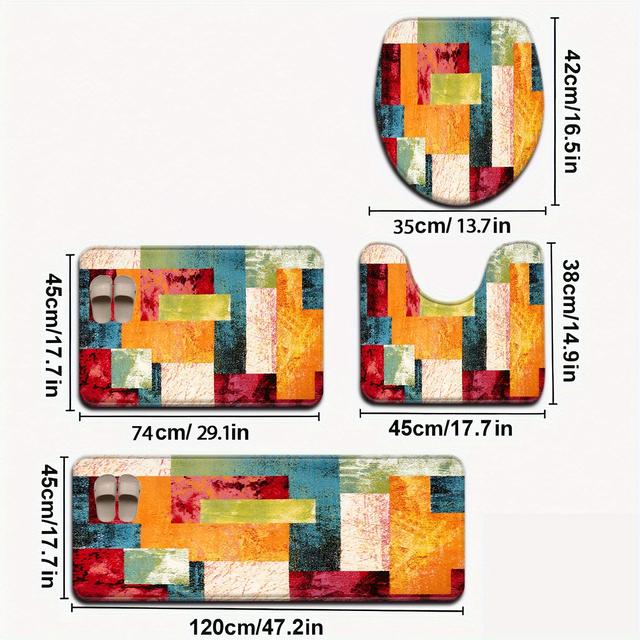 TEMU Offenes 3er-/4er-Set Badezimmermatten mit Buntem Geometrischem Muster, WC-Sitzbezugring und U-förmiges Fußpolster