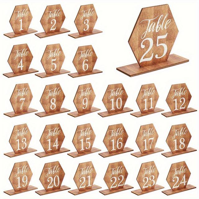 TEMU 1 Set; 25pcs; Hexagonal Wedding Reception Table Numbers With Wooden Base; Freestanding Wedding Centerpiece Decorations; Banquet Restaurant Party Decorations For Small Businesses; Back-to-school