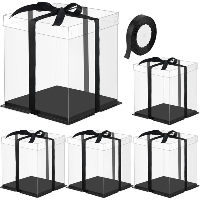 TEMU 5-teiliges Set Schwarze Einweg-Kuchenboxen mit Deckel & Band – Große 8"x8"x9" Doppelstöckige Kuchenhalter, -Träger für Hochzeiten, Geburtstage, Bäckereien (Großpackung)