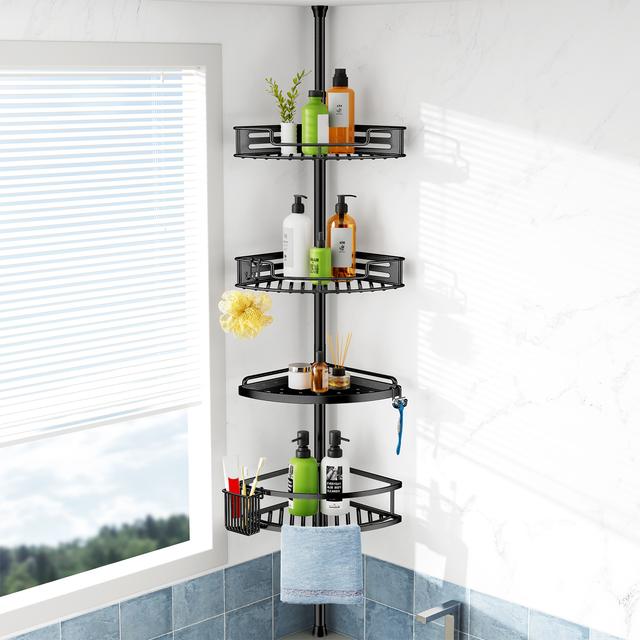 TEMU 1pc Hamitor 4-tier Stainless Steel Corner Shower Caddy, Adjustable Tension Mount Bathroom Organizer, Rustproof Shelves For Bathtub, Floor Standing Bath Rack Holder, 47-121 Inch, Black