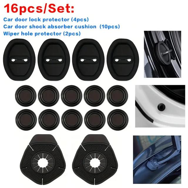 TEMU 16-item Car Safety Accessory Kit, Includes Door Lock Protectors, Non-glowing Black Silicone Pads For Shock Absorption, And Wiper Hole Protectors - Enhances Vehicle Safety And Fits All Car Models