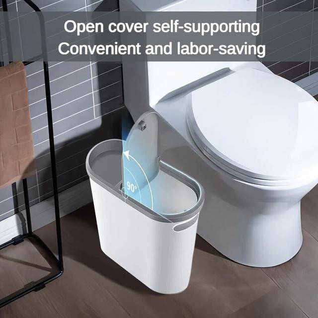 TEMU 10l Narrow Trash Can With Press-type Lid – Compact Waste Bin For Kitchen & Bathroom, Self-supporting Design, Top Storage Compartment, Pp Material, & Spill-proof