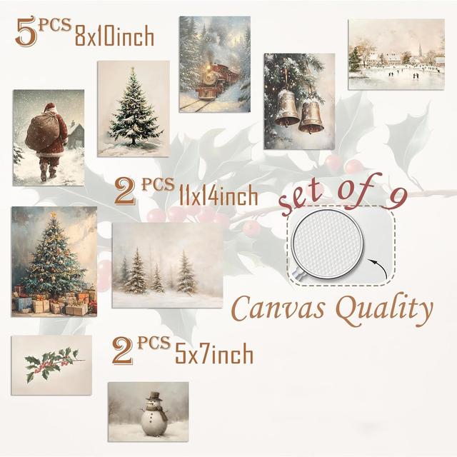 TEMU 9pcs Vintage Christmas Wall Art | Santa, Snowman, Pine Tree Prints For Cozy Room Décor, Multi Sizes, Art Prints, Framed Or Unframed, Art Deco &