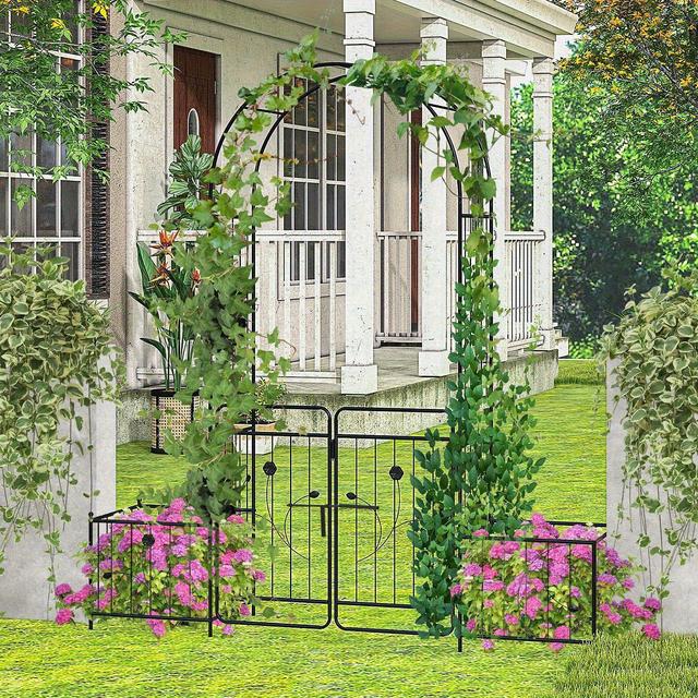 TEMU Costway 87" Garden With Trellis, Outdoor Archway With Gate & 2 Planter Boxes, Heavy-duty Metal Arch For Climbing Plants, Decorations For Patio Backyard Lawn, Black