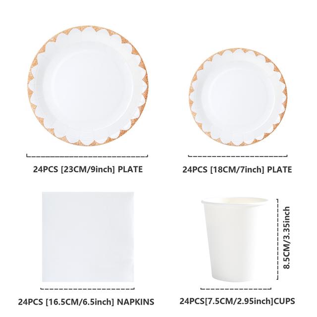 TEMU White Disposable Paper Tableware Set 96pcs - Party Supplies For 24 Guests Including 9-inch Dinner Plates, 7-inch Dessert Plates, 5.9-inch Cups, And Napkins For Birthday, Wedding, Picnic