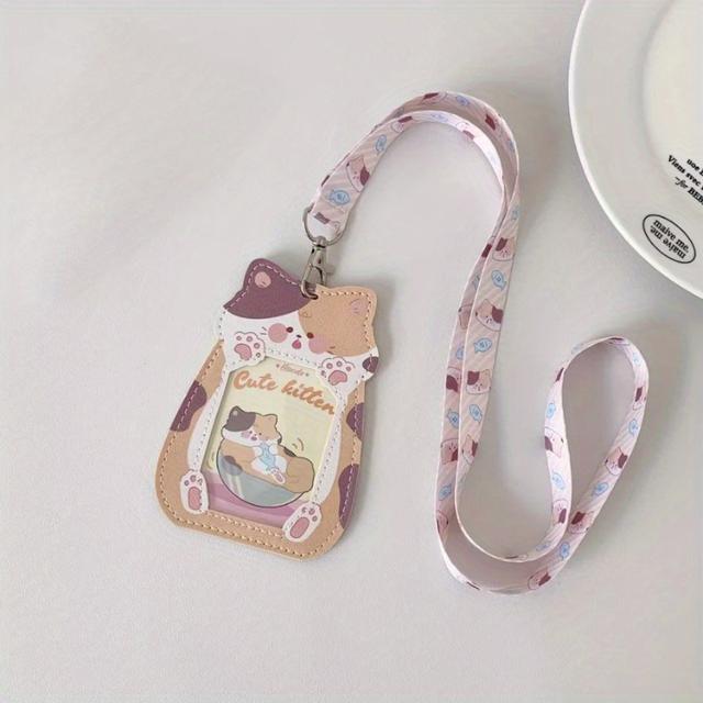 TEMU 1pc Cartoon Animal Leather 3inch Cards Cover Neck Strap Lanyard Holder For Student