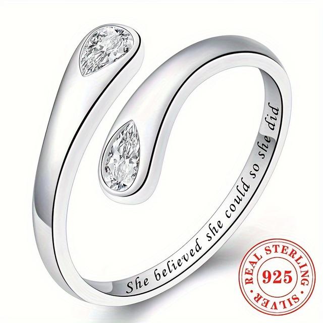 TEMU 1 otevřený prsten ze stříbra S925 pro ženy, gravírovaný syntetickým zirkonem, nastavitelný otevřený prsten pro ženy, pro každodenní nošení, lehký a snadný šperk