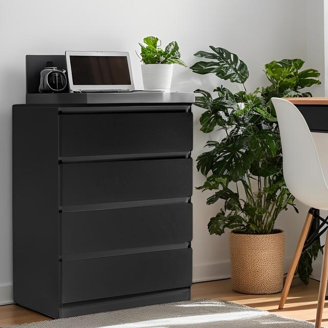 TEMU Modern 4-drawer Dresser With Cut-out Handles & Anti-tip Kit - Sturdy Wood Storage Cabinet, White/black Finish, 3.2 Cu Ft Capacity, 27" Height