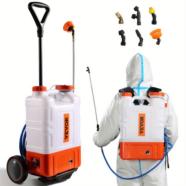 TEMU Vevor Backpack Sprayer With Trailer - 4 Gallon, Adjustable Pressure 0-94 Psi, Includes 8 Nozzles & 2 Wands, 12v Battery Powered, Ideal For Weeding, Cleaning & More, Vevor