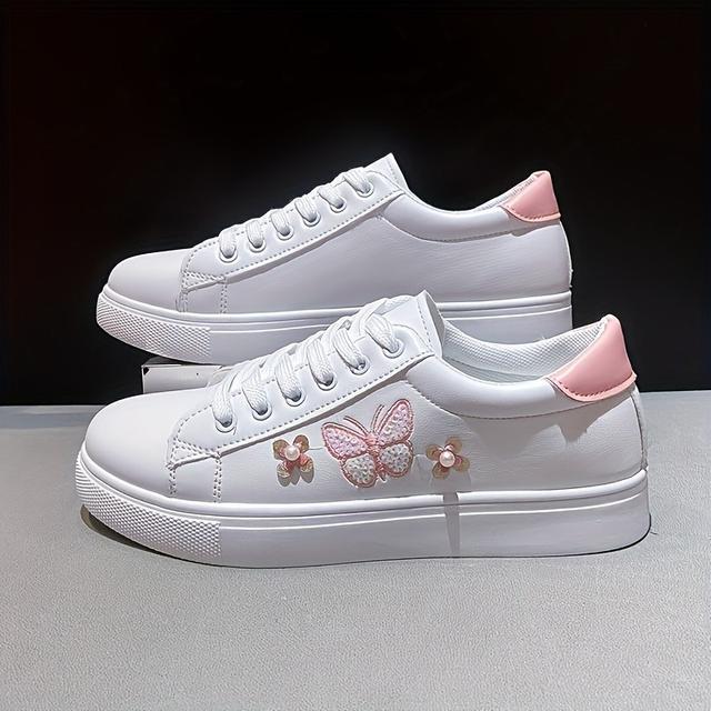 TEMU Zapatillas de Mujer con Diseño de Mariposas de 3CM, Zapatos Casuales con Cordones para Exteriores, Zapatos de Cuero Sintético de Caña