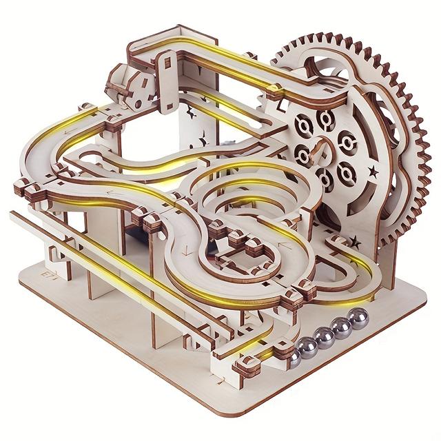 TEMU A 3d Wooden Track Model Kit Suitable For Adults Featuring A Challenging Spiral Ball Track | 3d Model Kit | Handmade Educational Craft, Perfect As A Gift, With Brown Wooden Tracks, Metal Axles