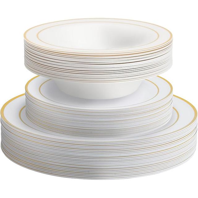 TEMU 60-teiliges wiederverwendbares weiß-goldenes Plastik-Geschirrset für 20 Gäste – 20 Ess- 20 Dessertteller, 20 Schüsseln – Perfekt für Hochzeiten, Partys, Geburtstage
