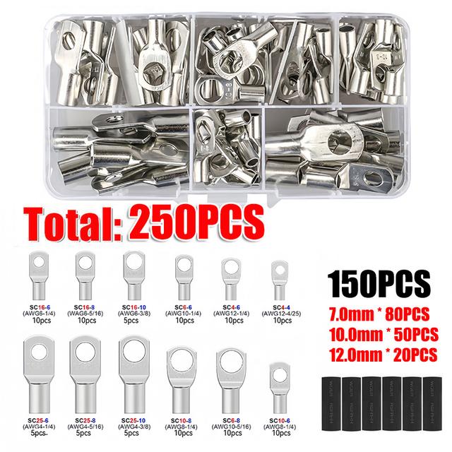 TEMU 250pcs Assortment Car Auto Copper Ring Terminal Wire Crimp Connector Cable Battery Terminals Connectors Hx-50b Kit
